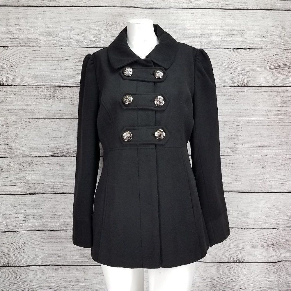 Y2K Hydraulic Double Breasted Pea Coat Military Black Silver Button L Large VTG